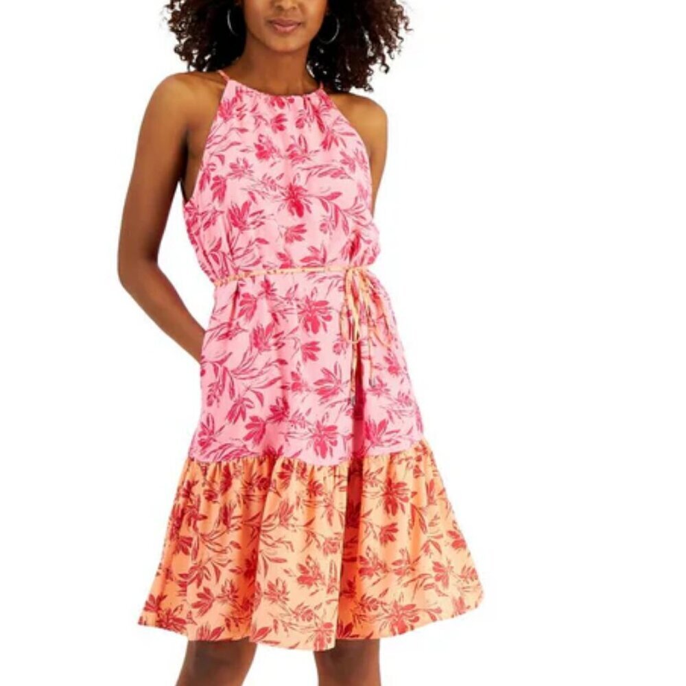 INC Pink Orange Floral Print A-Line Halter Dress Women's Size 10/M Soft Rose